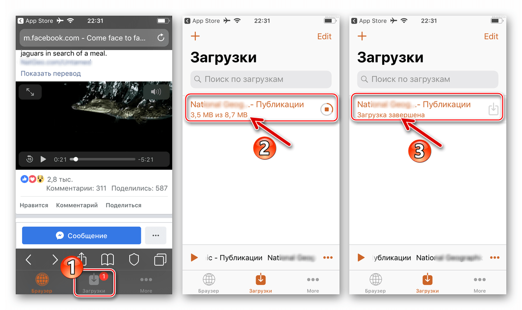 Facebook для iOS загруженные через Private Browser видеоролики из социальной сети