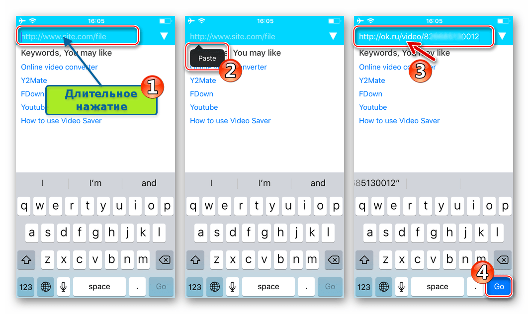 Video Saver PRO+ Cloud Drive для iPhone вставка ссылки на видеоролик из Одноклассников в строку браузера видеосейвера