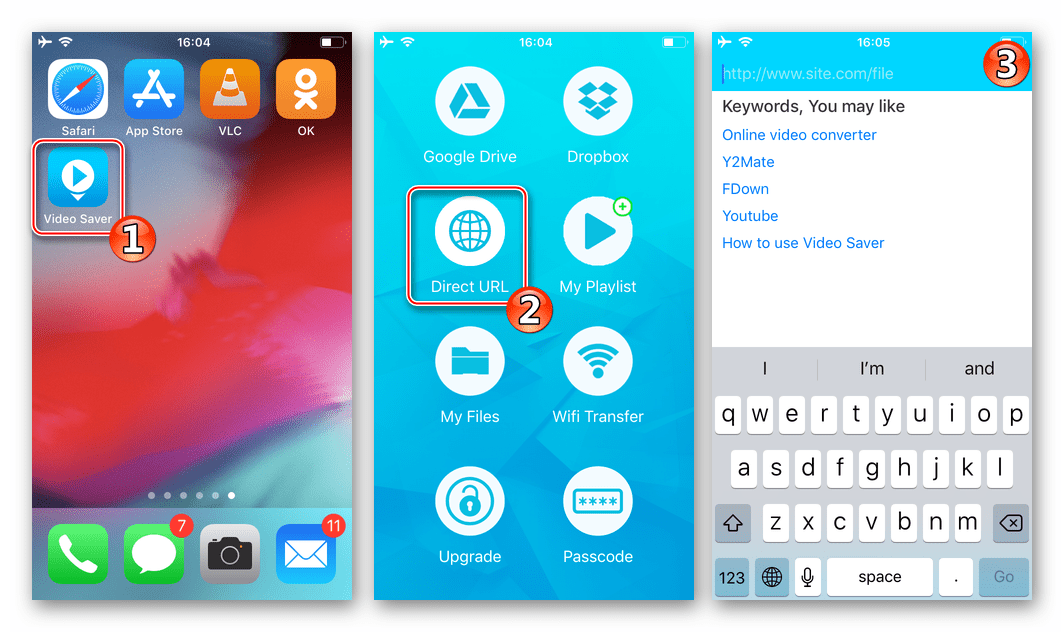 Video Saver PRO+ Cloud Drive запуск приложения, переход в браузер для загрузки видеороликов из Одноклассников в память iPhone