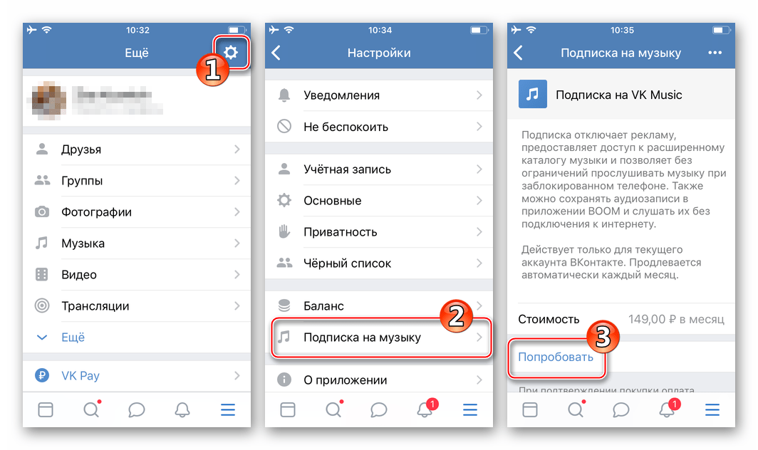 Скачивание аудиозаписей из ВК на iPhone - переход к оформлению подписки на музыку из меню Настройки