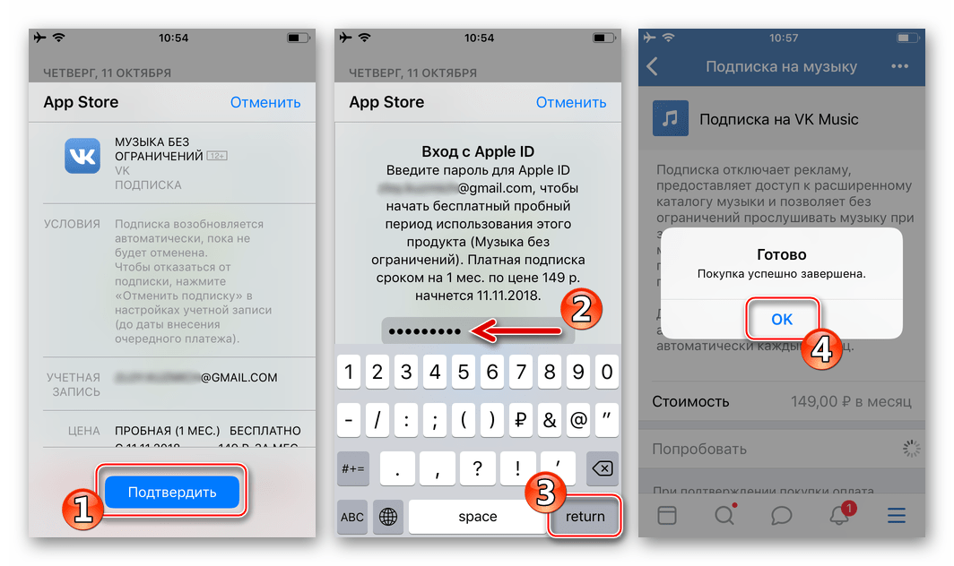 Скачивание аудиозаписей из каталога VK на iPhone -оформление подписки на музыку завершено