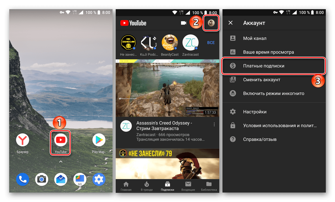 Просмотр настроек и платных подписок в мобильном приложении YouTube для Android