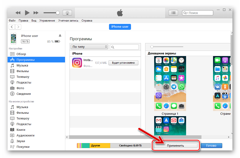 Instagram для iPhone iTunes приложение готово к установке в девайс - кнопка Применить