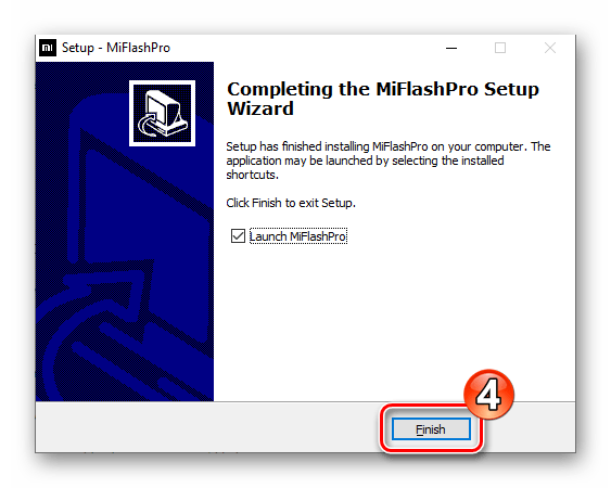 Xiaomi Redmi 6A MiFlash PRO завершение установки программы на компьютер