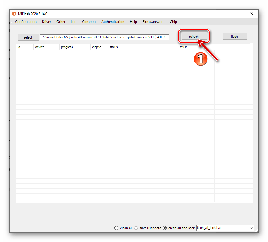 Xiaomi Redmi 6A (cactus) MiFlash кнопка refresh в программе для сопряжения с переведенным в режим Fastboot смартфоном