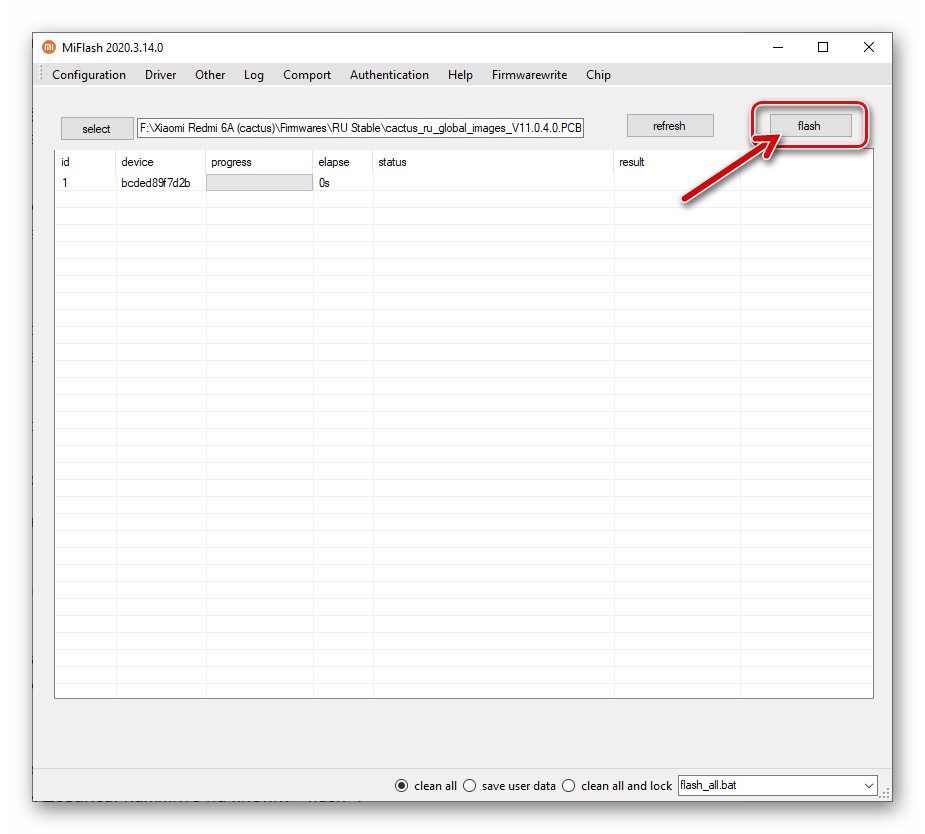 Xiaomi Redmi 6A (cactus) MiFlash начало установки прошивки в смартфон через программу - кнопка flash