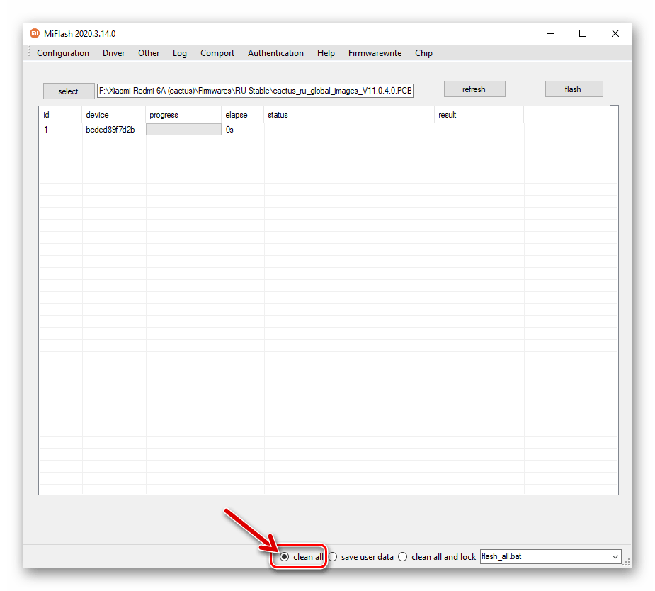 Xiaomi Redmi 6A (cactus) MiFlash переключение режима прошивки на clean all