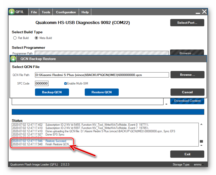 Xiaomi Redmi 5 Plus QFIL восстановление IMEI из бэкапа на смартфоне завершено