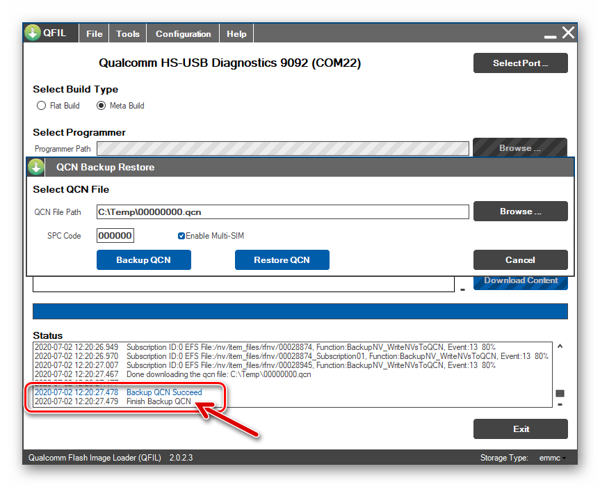 Xiaomi Redmi 5 Plus QFIL создание бэкапа QCN (IMEI) завершено