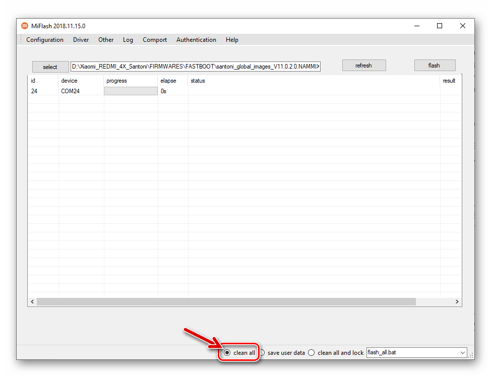 Xiaomi Redmi 4X MiFlash прошивка аппарата с помощью программы в режиме Clean All
