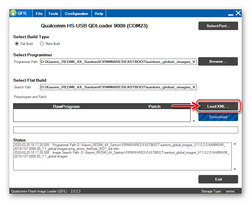 Xiaomi Redmi 4X QPST Qfil кнопка Load XML