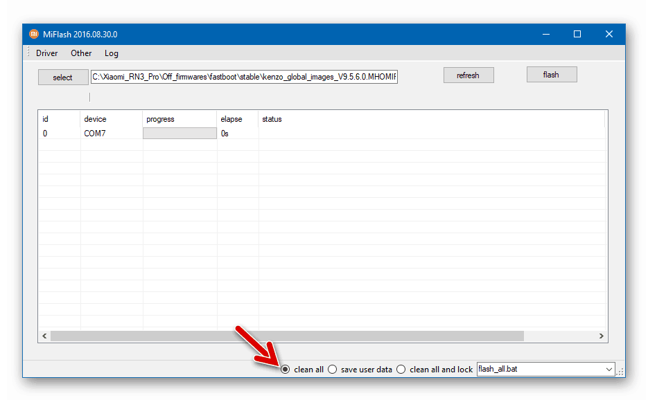 Xiaomi Redmi Note 3 Pro MiFlash выбор режима прошивки clean_all