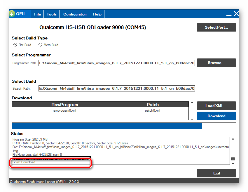 Xiaomi Mi4c раскирпичивание QFIL Load XML... прошивка завершена