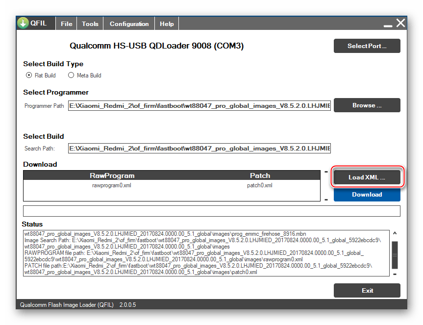 Xiaomi Redmi 2 загрузка XML-файлов в QFIL