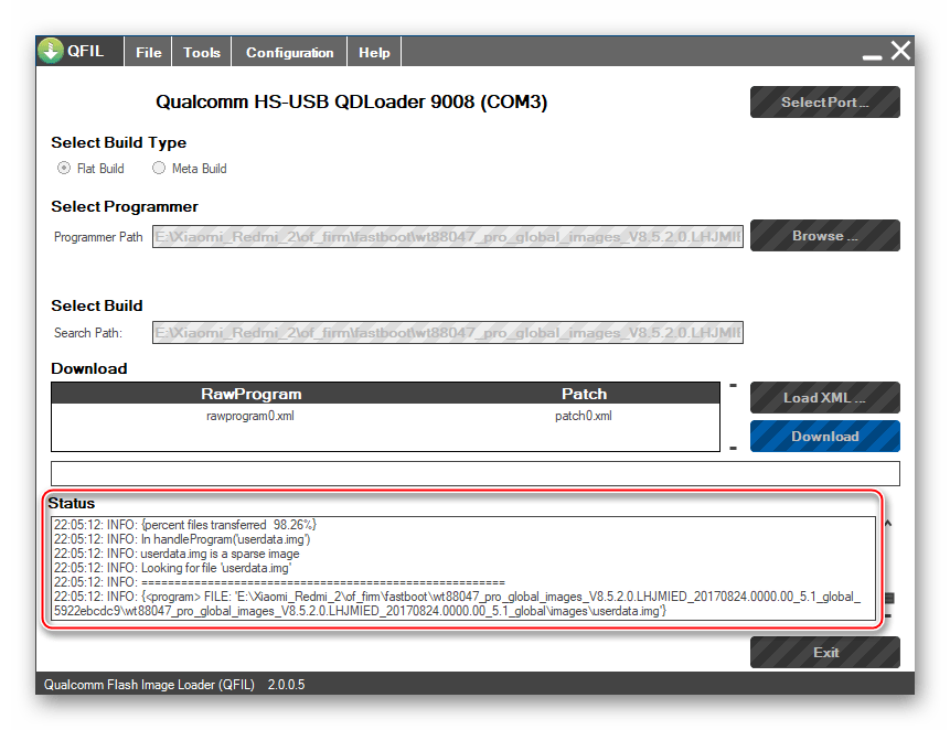 Xiaomi Redmi 2 прогресс прошивки через QFIL