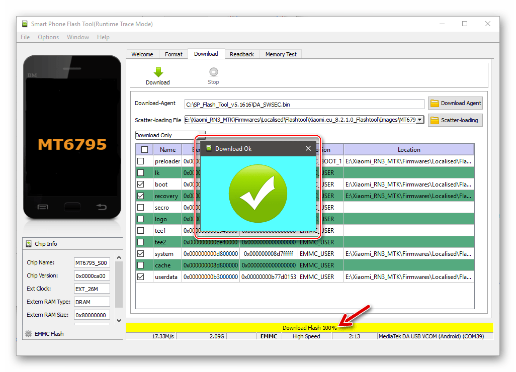 Xiaomi Redmi Note 3 MTK установка переведенной прошивки через Flash Tool завершена