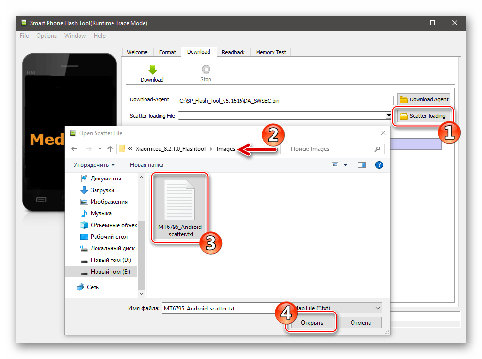 Xiaomi Redmi Note 3 MTK Flash Tool указание пути к скаттер файлу локализованной прошивки