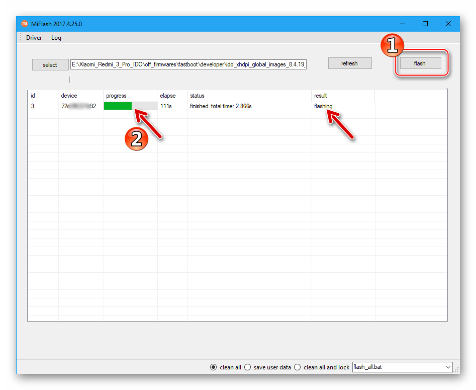 Xiaomi Redmi 3 (PRO) MiFlash процесс установки прошивки в режиме Fastboot