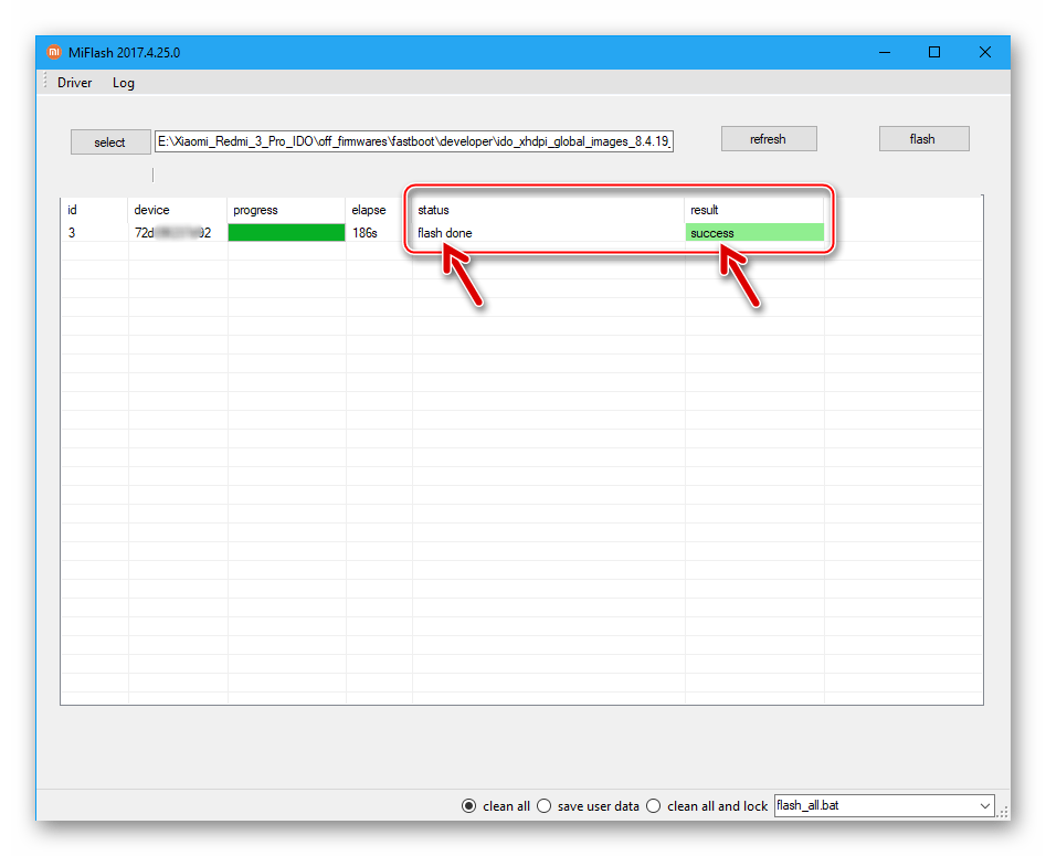 Xiaomi Redmi 3 (PRO) MiFlash завершение прошивки в режиме Fastboot