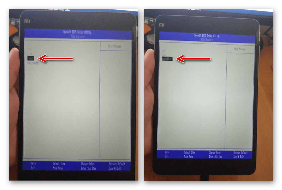 Xiaomi MiPad 2 выбор файла bootx64.efi в BIOS планшета для старта установки windows