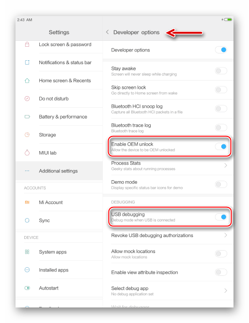 Xiaomi MiPad 2 активация опции Enable OEM unlock для успешной разблокировки загрузчика