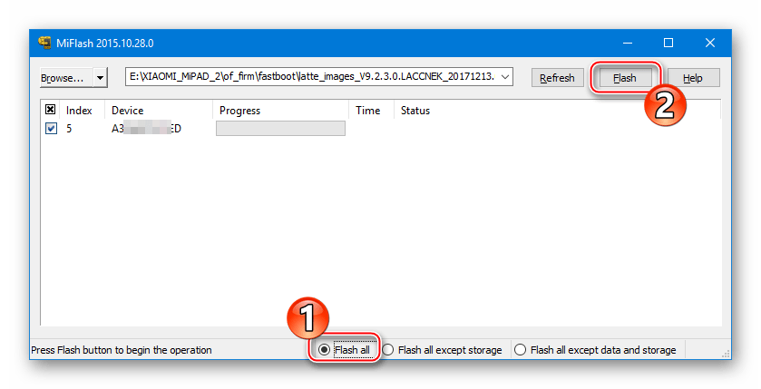 Xiaomi MiPad 2 MiFlash старт процедуры прошивки в режиме Flash All