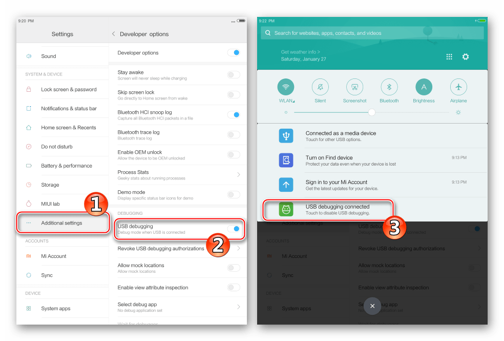 Xiaomi MiPAD 2 включение Отладки по USB