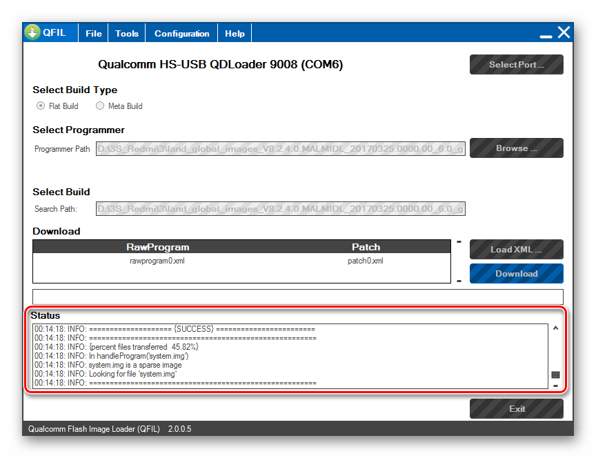 QFIL для Redmi 3S процесс прошивки поле Status