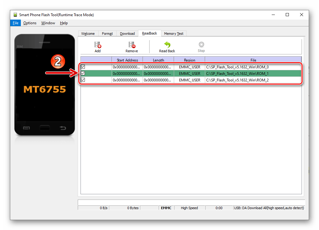 Meizu M5 Note Flash Tool подготовленная к вводу данных вычитываемых разделов вкладка Readback программы
