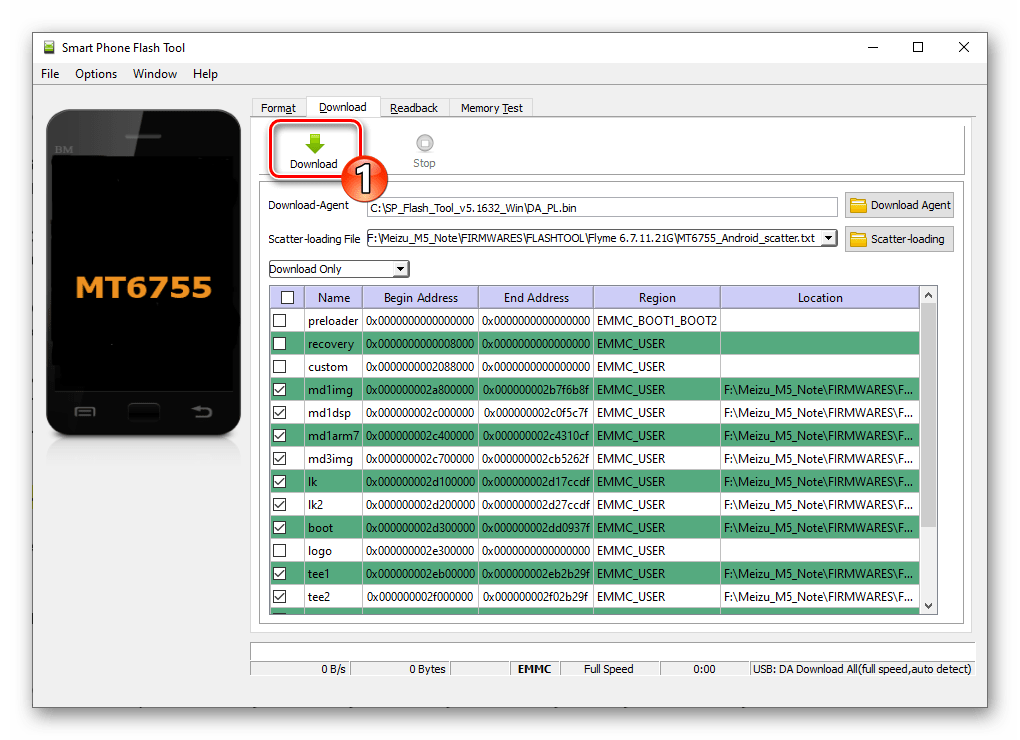 Meizu M5 Note SP Flash Tool активация режима установки прошивки на смартфон в программе