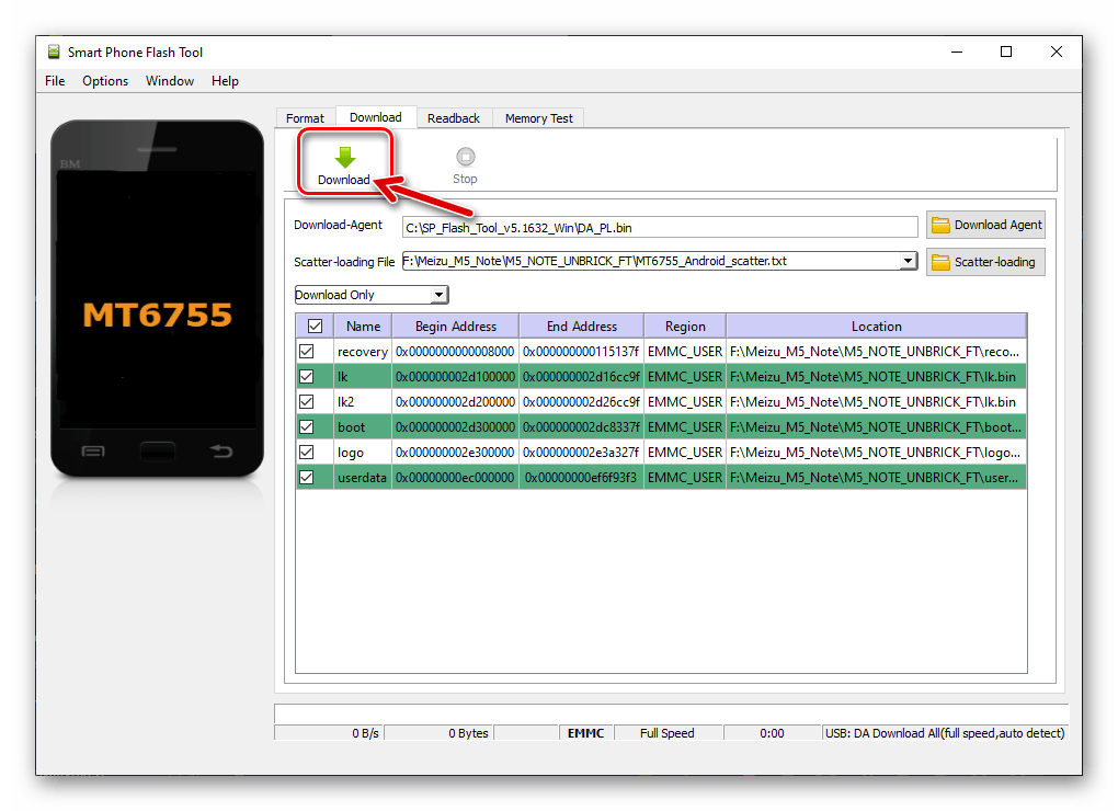 Meizu M5 Note начало раскирпичивания через SP Flash Tool - перезаписи отдельных разделов памяти смартфона