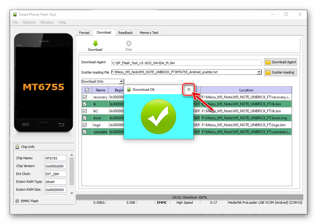 Meizu M5 Note SP Flash Tool вывод смартфона из состояния не включается и не прошивается завершен