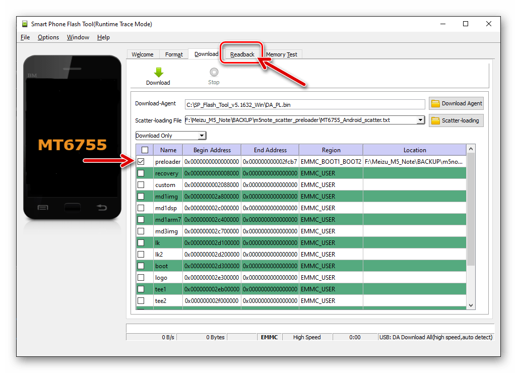 Meizu M5 Note SP Flash Tool вкладка Download при создании бэкапа разделов смартфона, переход в раздел Readback программы