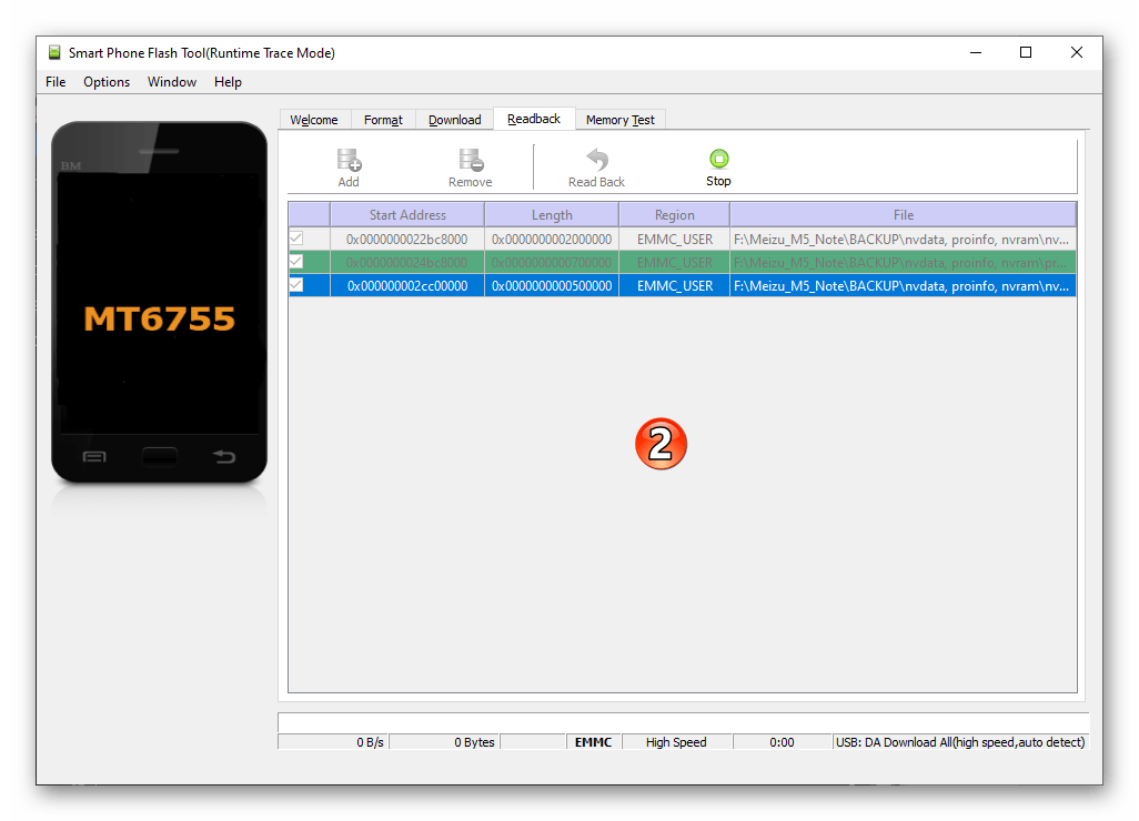 Meizu M5 Note SP Flash Tool Readback - программа в ожидании подсоединения смартфона для вычитки данных