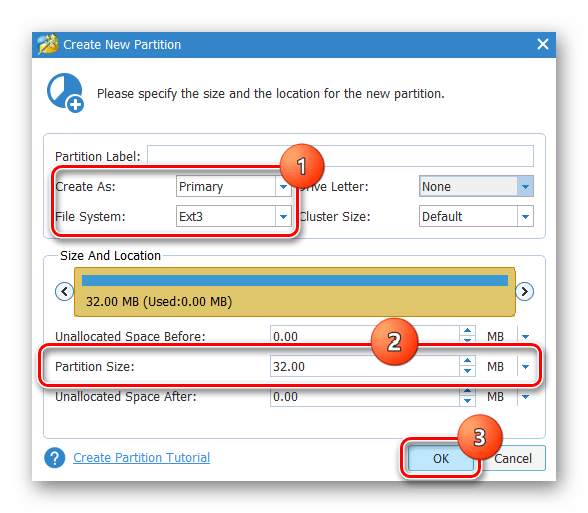 Samsung Wave GT-S8500 MiniTool Partition Wizard создание раздела 32 мб