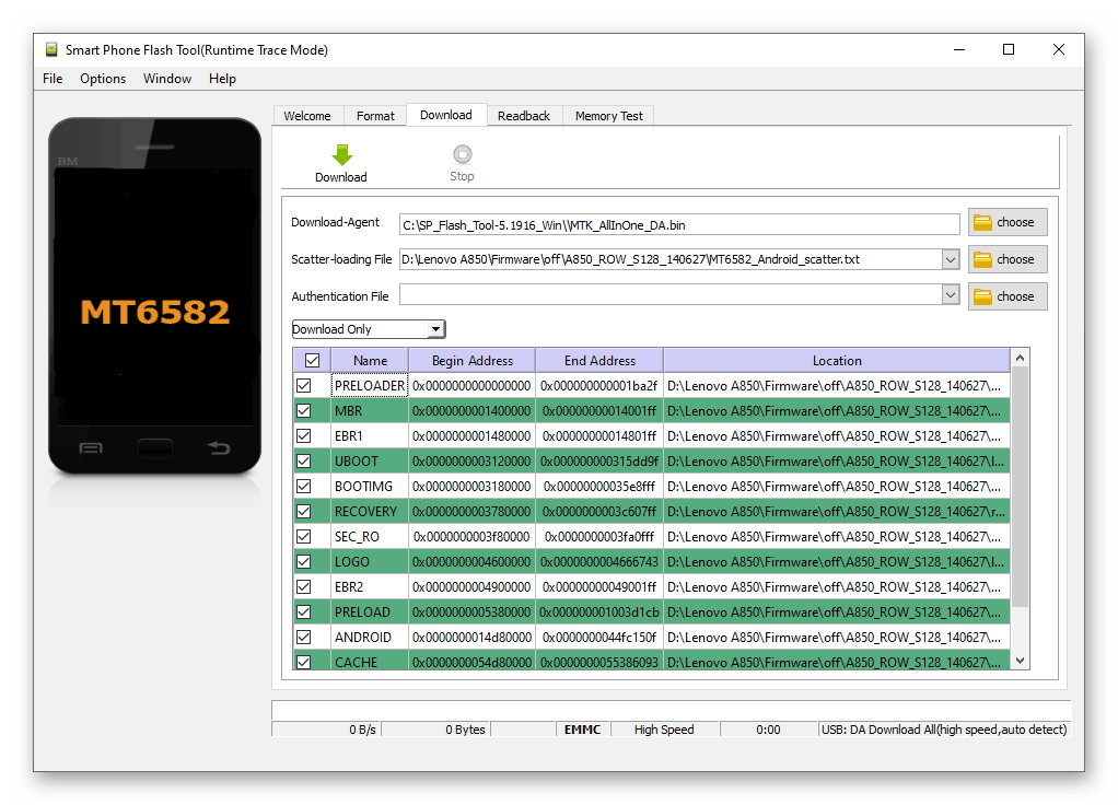 Lenovo A850 скаттер-файл загружен в программу SP Flash Tool