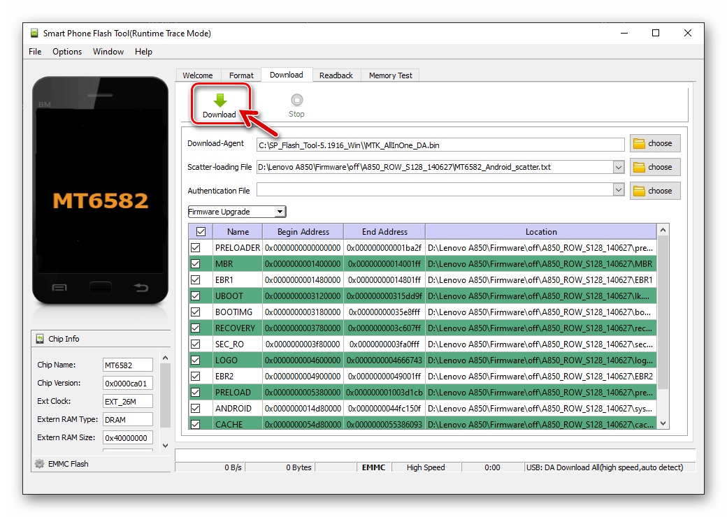 Lenovo A850 начало прошивки в режиме Firmware Upgrade через SP Flash Tool, подключение смартфона к ПК