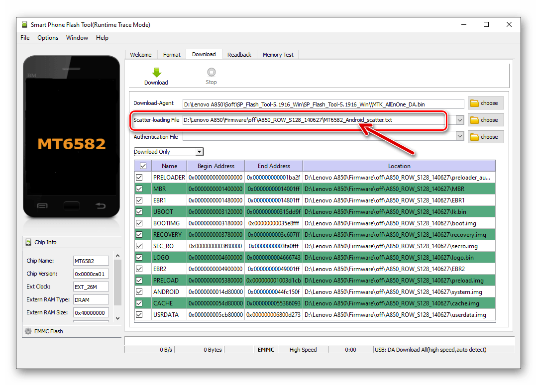 Lenovo A850 запуск SP Flash Tool выбор скаттер-файла для установки TWRP