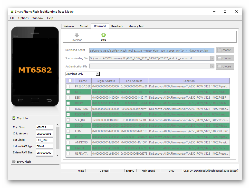 Lenovo A850 Подключение смартфона к ПК для установки TWRP через SP Flash Tool