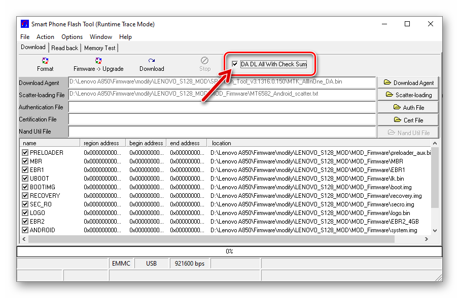 Lenovo A850 Flash Tool v3 опция DA DL All With Check Sum