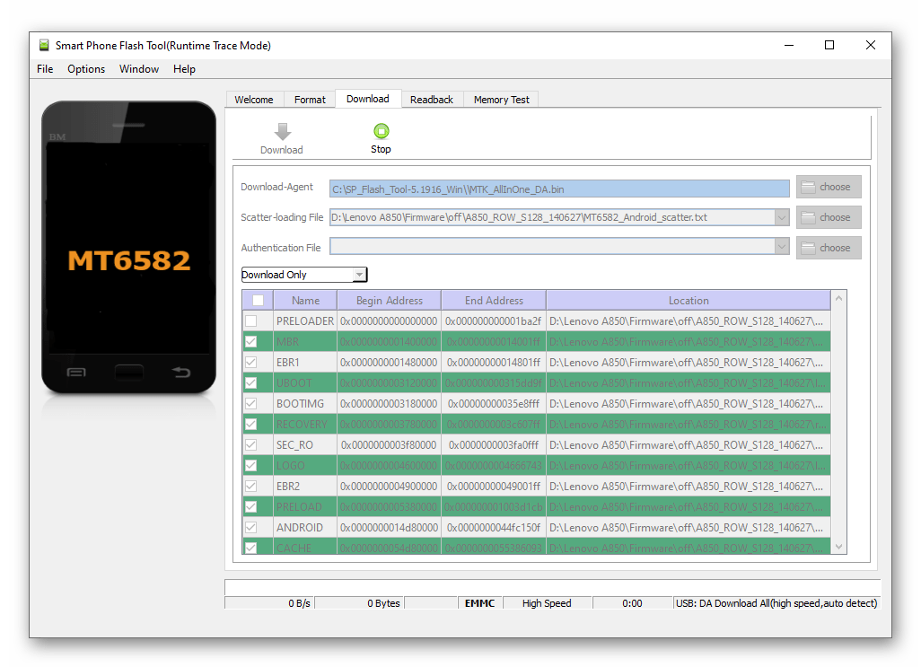 Lenovo A850 начало прошивки через SP Flash Tool, подключение смартфона к ПК