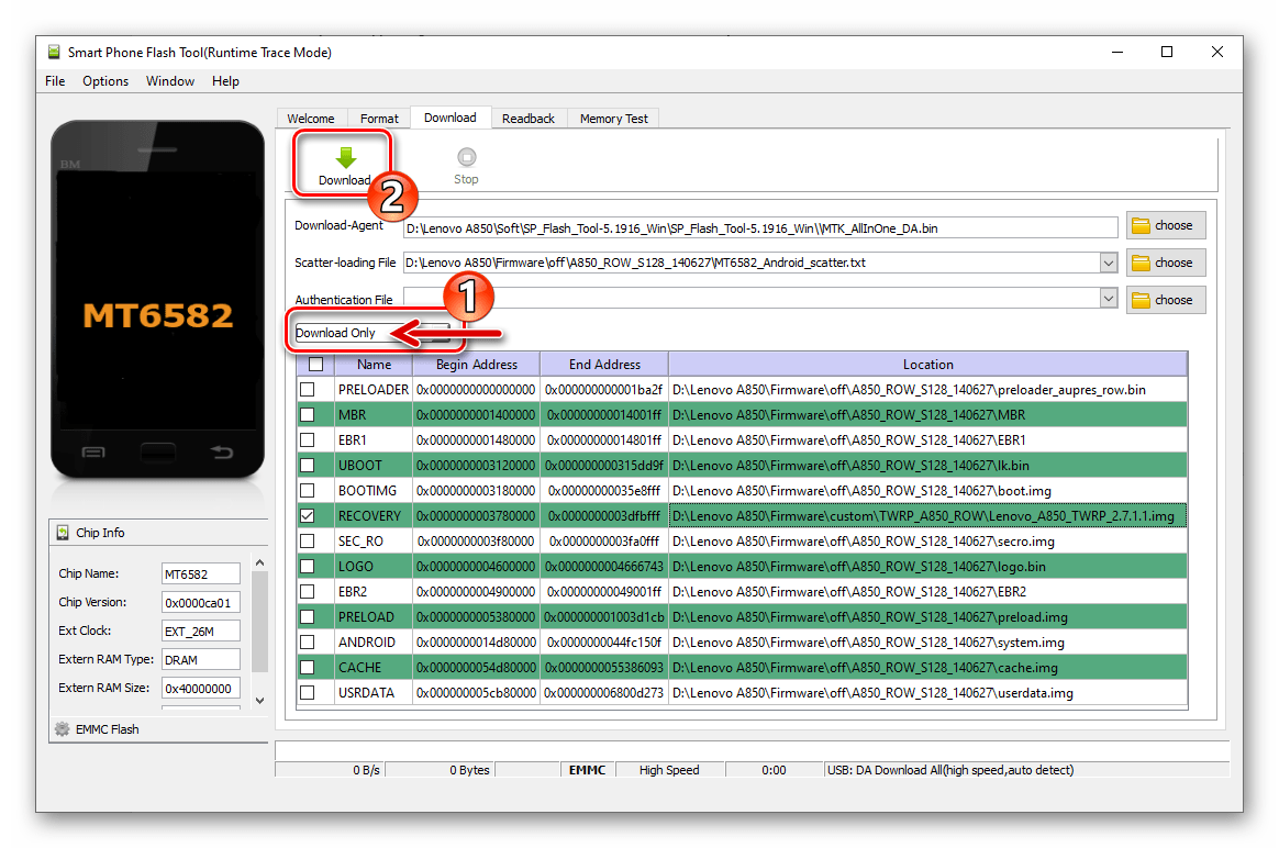 Lenovo A850 установка TWRP - начало перезаписи раздела рекавери через SP Flash Tool