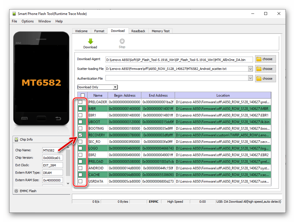 Lenovo A850 TWRP как прошить раздел Recovery через SP Flash Tool