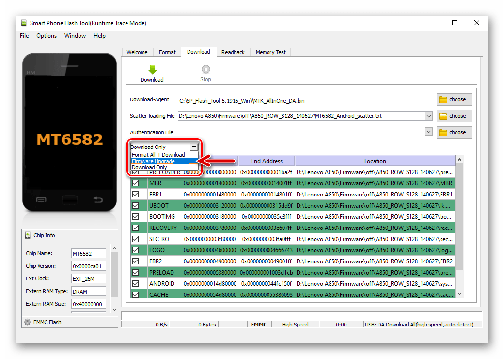 Lenovo A850 SP Flash Tool - выбор режима прошивки - Firmware Upgrade