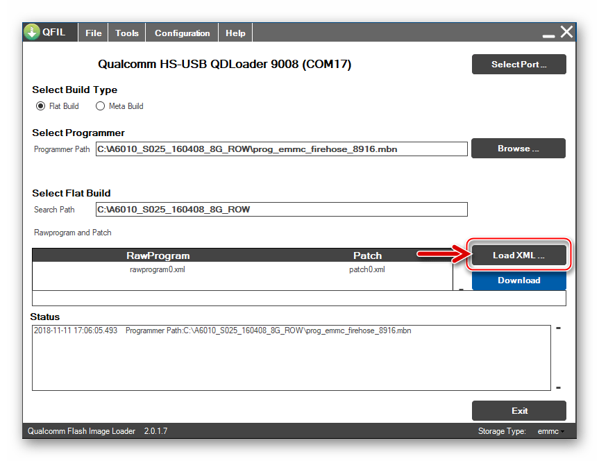 Lenovo A6010 QFIL кнопка добавления файлов rawprogram.xml и patch0.xml в приложение