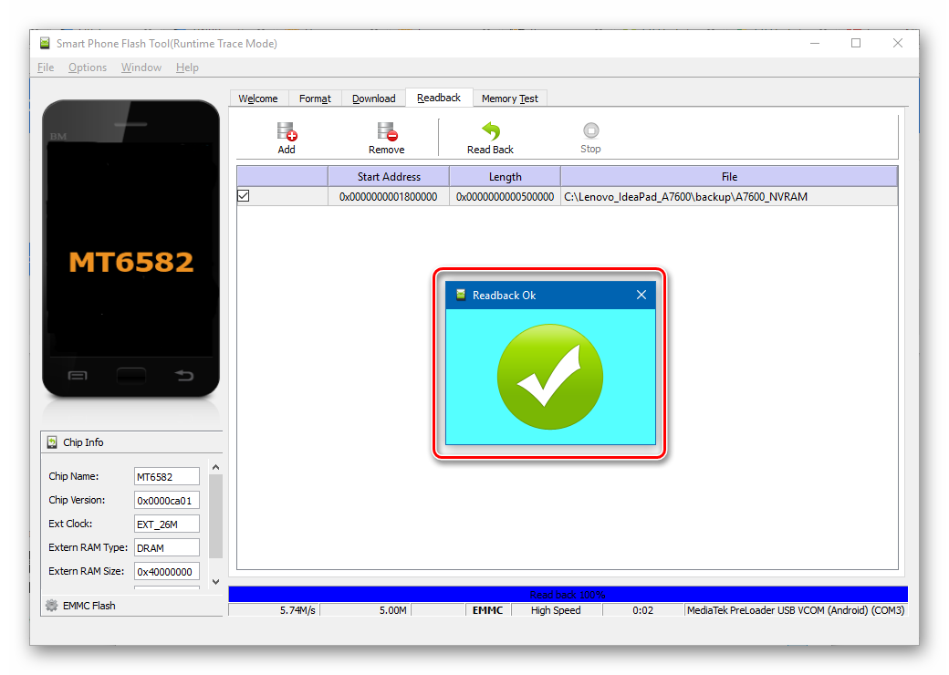 Lenovo IdeaPad A7600 SP Flash Tool создание бэкапа NVRAM завершено