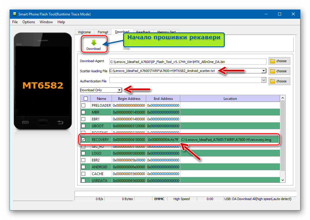 Lenovo IdeaPad A7600 начало прошивки TWRP через Flash Tool