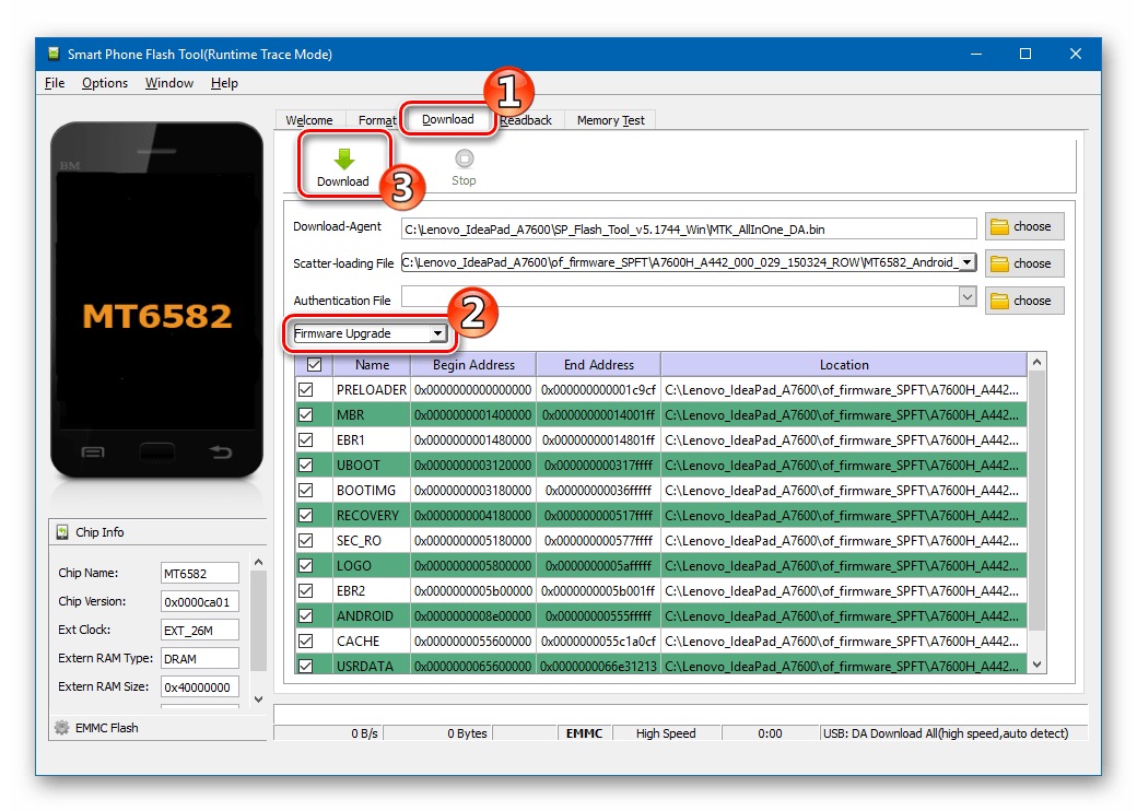 Lenovo IdeaPad A7600 прошивка через SP Flash Tool в режиме Firmware Upgrade начало