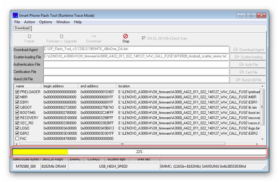 Lenovo IdeaTab A3000-H процесс прошивки через Flashtool