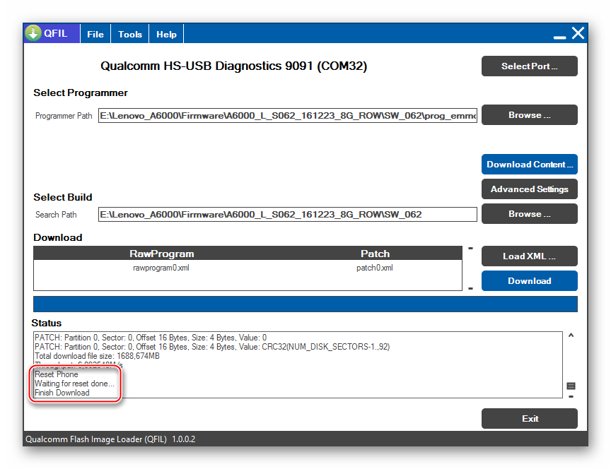 Lenovo A6000 Прошивка через QFIL завершена